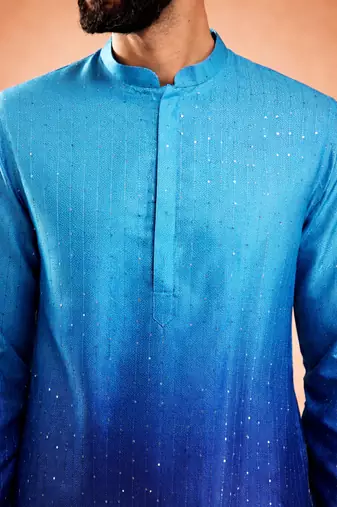 Vastramay men blue silk blend ombre sequin kurta | mid-length thigh cut | all-over geometric sequin