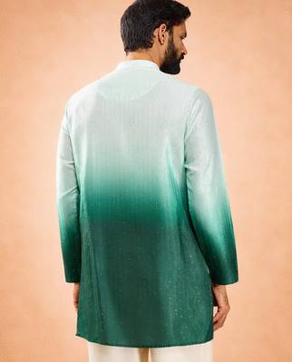 Vastramay men bottle green silk blend ombre sequin kurta | mid-length thigh cut | all-over geometric sequin 5