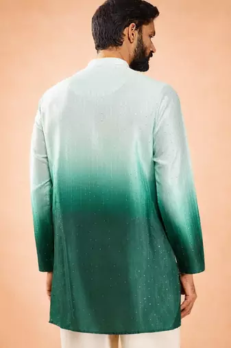 Vastramay men bottle green silk blend ombre sequin kurta | mid-length thigh cut | all-over geometric sequin