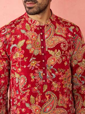 maroon crepe zari embroidered kurta pyjama set | diwali festive wedding wear 2