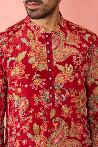 maroon crepe zari embroidered kurta pyjama set | diwali festive wedding wear