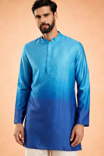 Vastramay men blue silk blend ombre sequin kurta | mid-length thigh cut | all-over geometric sequin