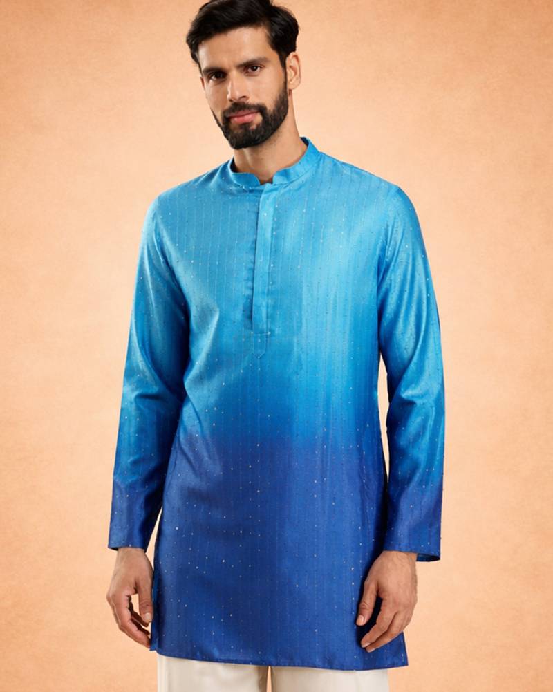 Vastramay men blue silk blend ombre sequin kurta | mid-length thigh cut | all-over geometric sequin