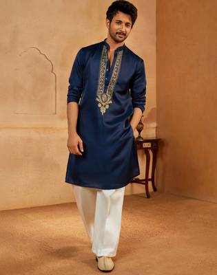 navy blue embroidered silk blend kurta with cream wide leg palazzo | wedding & festive wear 1