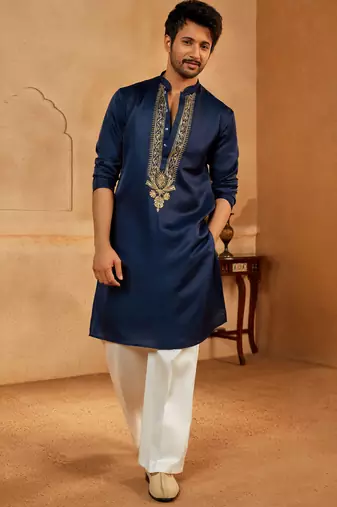 navy blue embroidered silk blend kurta with cream wide leg palazzo | wedding & festive wear