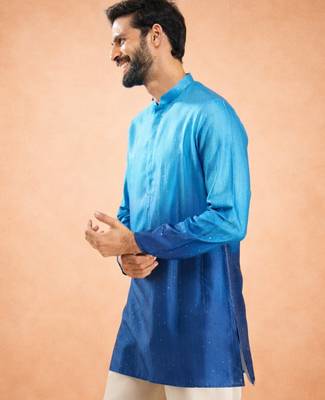 Vastramay men blue silk blend ombre sequin kurta | mid-length thigh cut | all-over geometric sequin 4