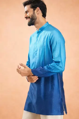Vastramay men blue silk blend ombre sequin kurta | mid-length thigh cut | all-over geometric sequin