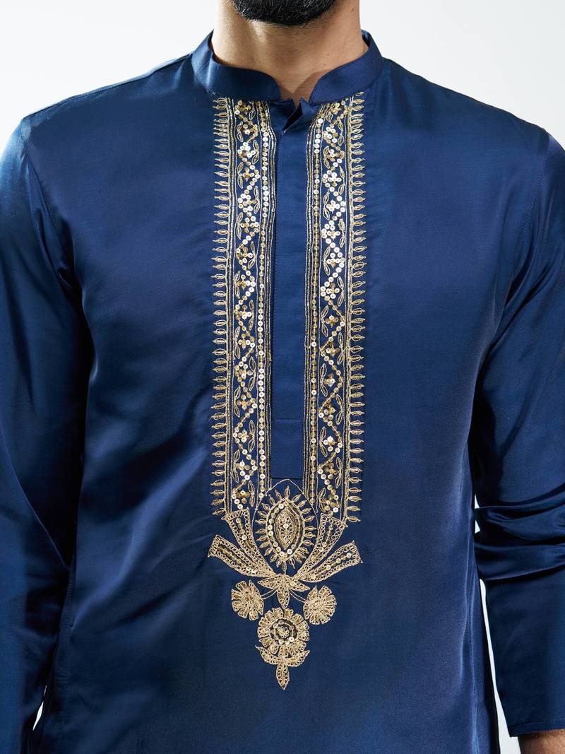 navy blue embroidered silk blend kurta with cream wide leg palazzo | wedding & festive wear