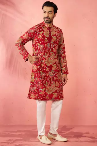 maroon crepe zari embroidered kurta pyjama set | diwali festive wedding wear