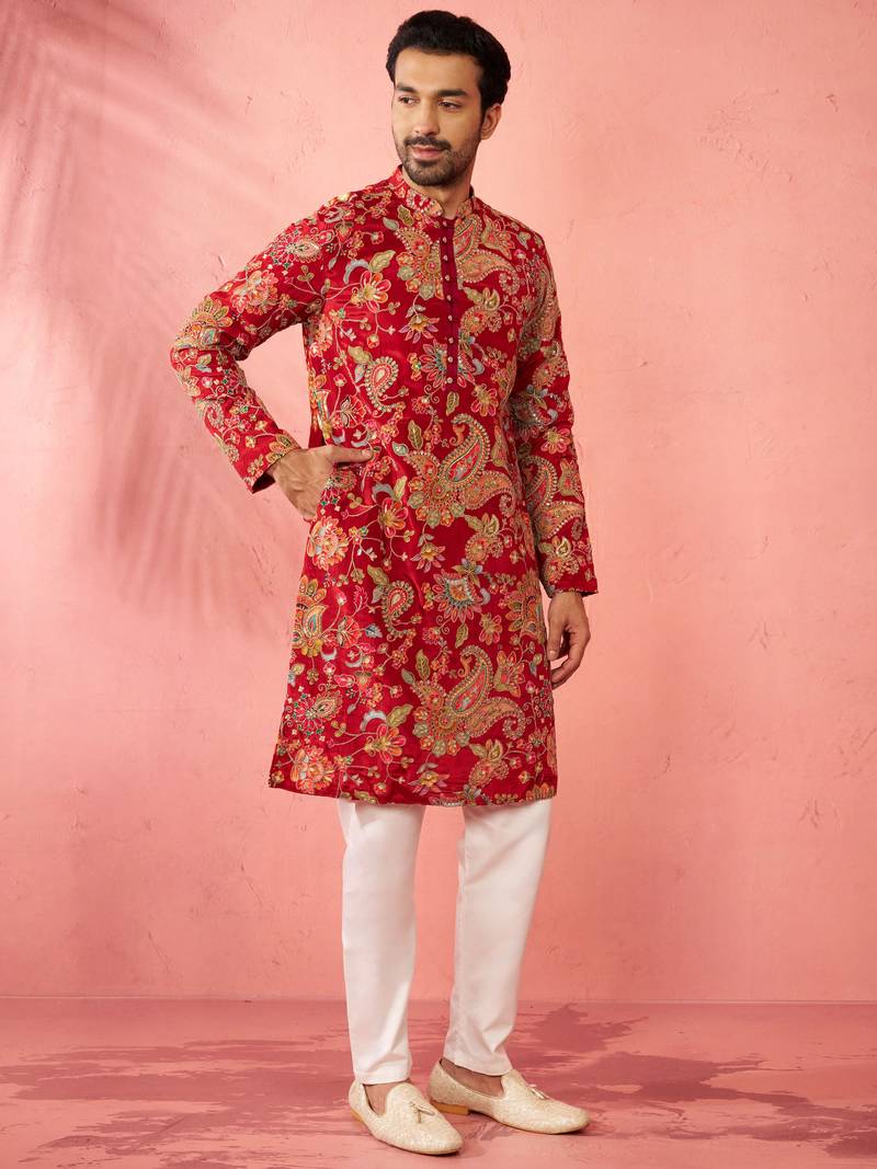 maroon crepe zari embroidered kurta pyjama set | diwali festive wedding wear