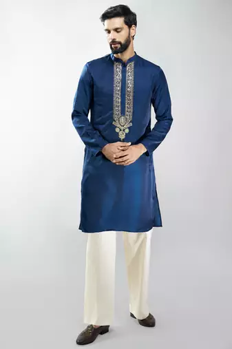 navy blue embroidered silk blend kurta with cream wide leg palazzo | wedding & festive wear