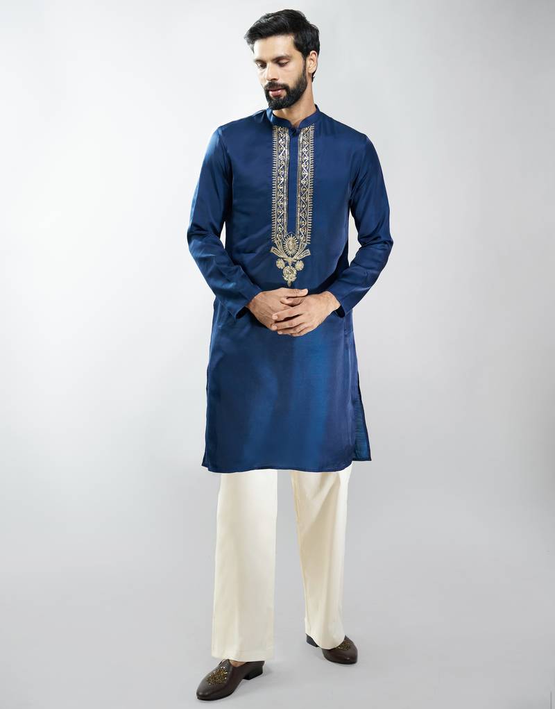navy blue embroidered silk blend kurta with cream wide leg palazzo | wedding & festive wear