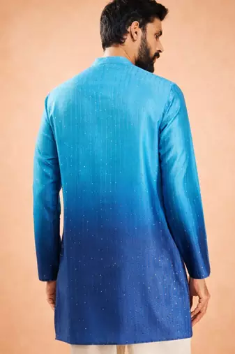 Vastramay men blue silk blend ombre sequin kurta | mid-length thigh cut | all-over geometric sequin