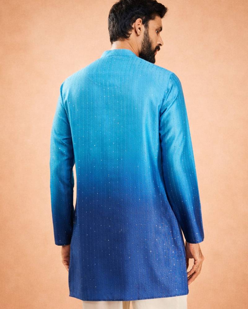 Vastramay men blue silk blend ombre sequin kurta | mid-length thigh cut | all-over geometric sequin