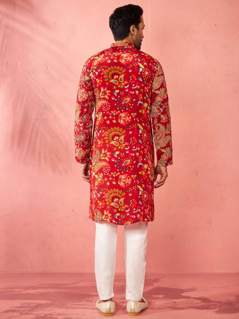 maroon crepe zari embroidered kurta pyjama set | diwali festive wedding wear