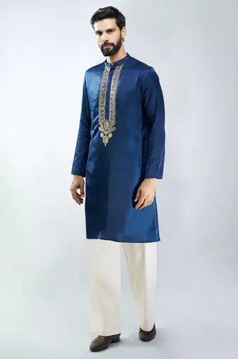 navy blue embroidered silk blend kurta with cream wide leg palazzo | wedding & festive wear