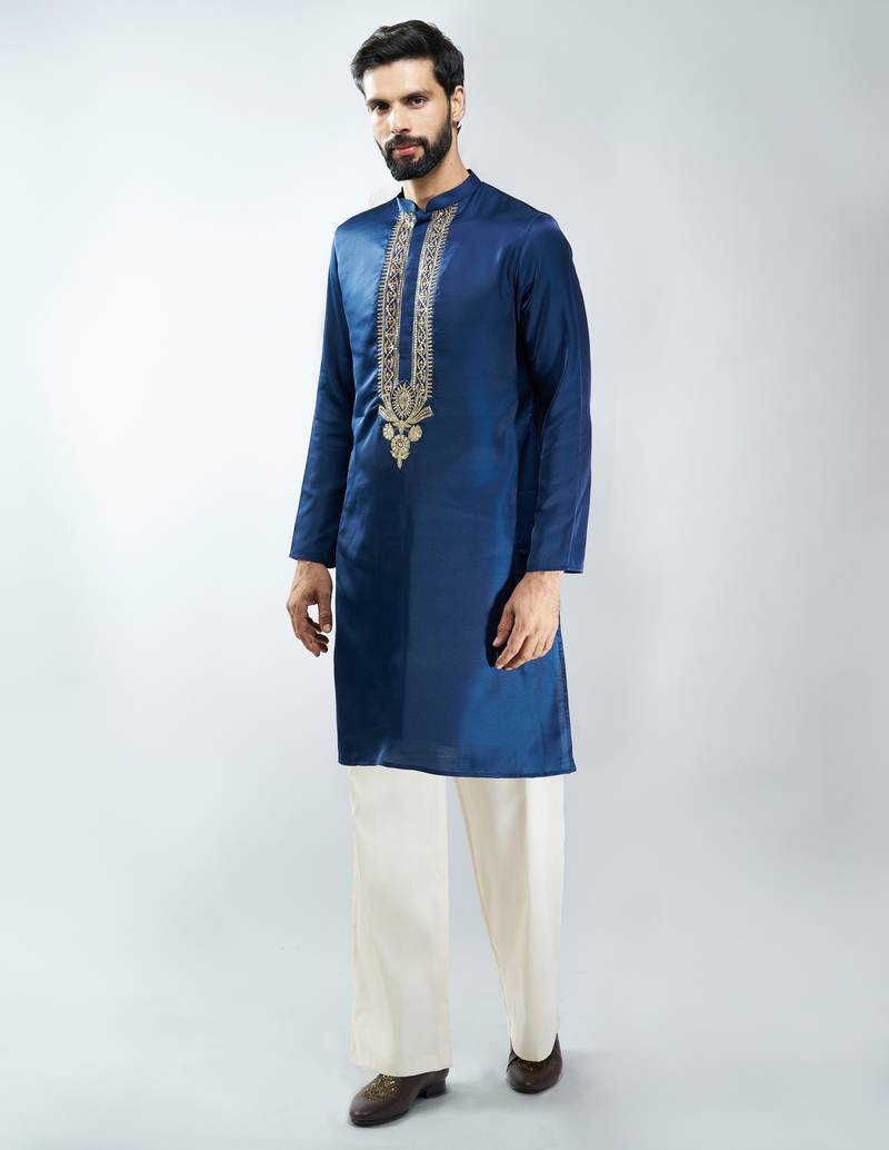 navy blue embroidered silk blend kurta with cream wide leg palazzo | wedding & festive wear