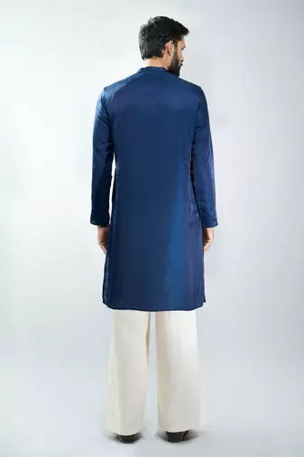 navy blue embroidered silk blend kurta with cream wide leg palazzo | wedding & festive wear