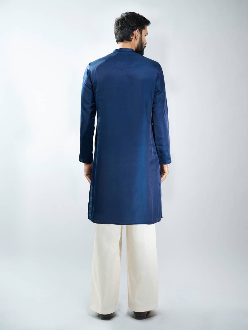 navy blue embroidered silk blend kurta with cream wide leg palazzo | wedding & festive wear