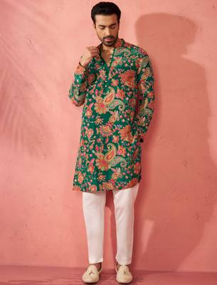 green crepe zari embroidered kurta pyjama set | diwali navratri festive wear 1