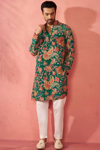 green crepe zari embroidered kurta pyjama set | diwali navratri festive wear