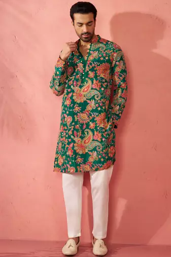 green crepe zari embroidered kurta pyjama set | diwali navratri festive wear