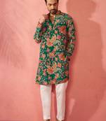 green crepe zari embroidered kurta pyjama set | diwali navratri festive wear