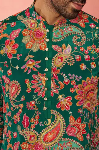 green crepe zari embroidered kurta pyjama set | diwali navratri festive wear