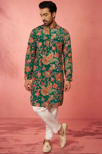 green crepe zari embroidered kurta pyjama set | diwali navratri festive wear