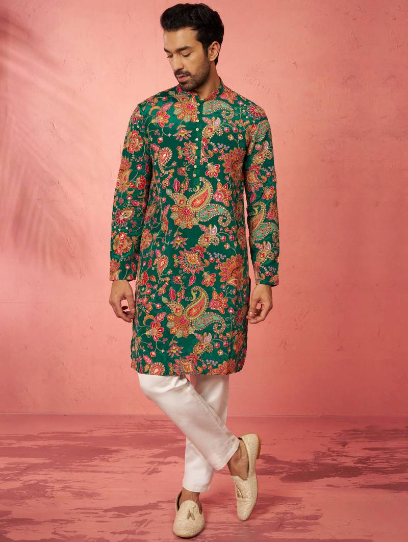 green crepe zari embroidered kurta pyjama set | diwali navratri festive wear