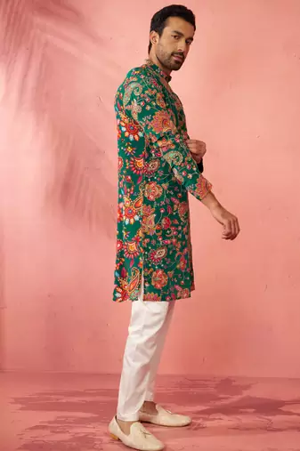 green crepe zari embroidered kurta pyjama set | diwali navratri festive wear