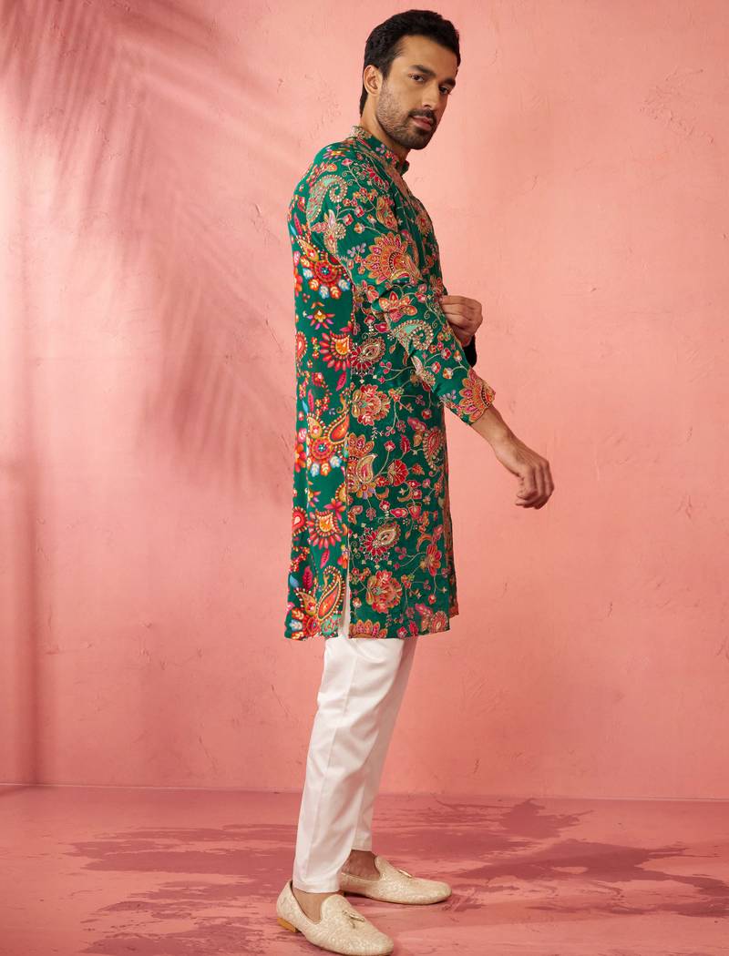 green crepe zari embroidered kurta pyjama set | diwali navratri festive wear