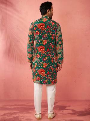 green crepe zari embroidered kurta pyjama set | diwali navratri festive wear 5