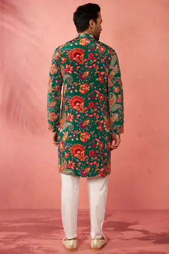 green crepe zari embroidered kurta pyjama set | diwali navratri festive wear