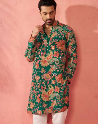 green printed & embroidered crepe kurta | diwali wedding festive wear 1