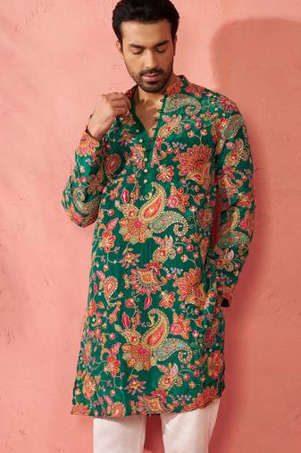 green printed & embroidered crepe kurta | diwali wedding festive wear