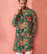 green printed & embroidered crepe kurta | diwali wedding festive wear