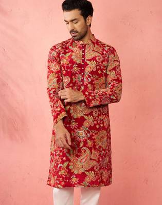 maroon printed & embroidered crepe kurta | diwali wedding festive wear 1