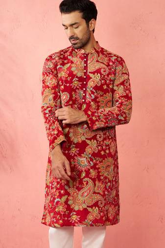 maroon printed & embroidered crepe kurta | diwali wedding festive wear