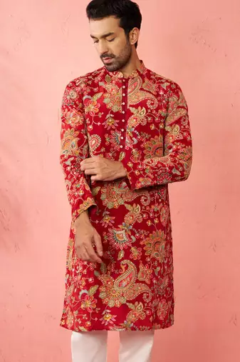 maroon printed & embroidered crepe kurta | diwali wedding festive wear