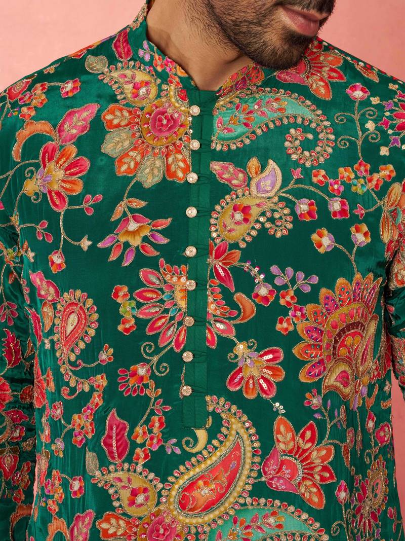 green printed & embroidered crepe kurta | diwali wedding festive wear