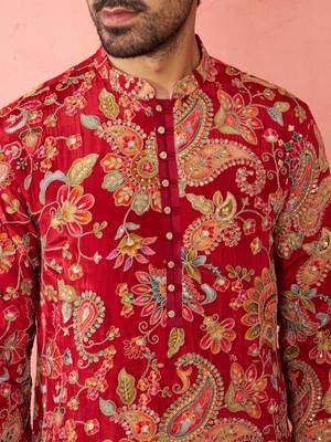 maroon printed & embroidered crepe kurta | diwali wedding festive wear 2