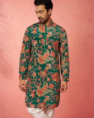green printed & embroidered crepe kurta | diwali wedding festive wear 3