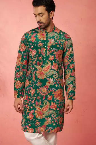 green printed & embroidered crepe kurta | diwali wedding festive wear