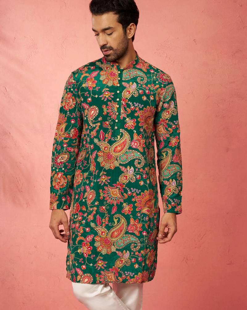 green printed & embroidered crepe kurta | diwali wedding festive wear