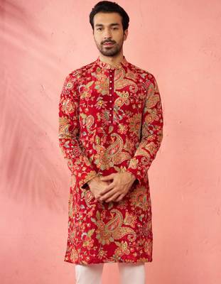 maroon printed & embroidered crepe kurta | diwali wedding festive wear 3