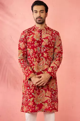 maroon printed & embroidered crepe kurta | diwali wedding festive wear