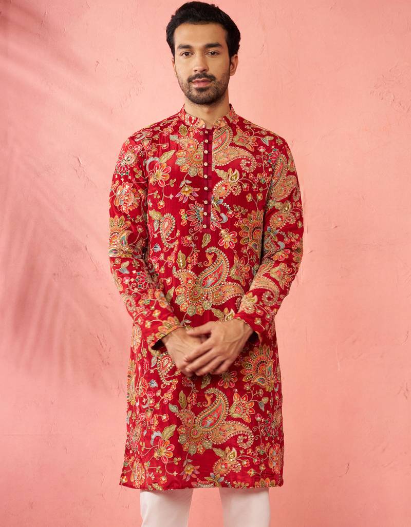 maroon printed & embroidered crepe kurta | diwali wedding festive wear