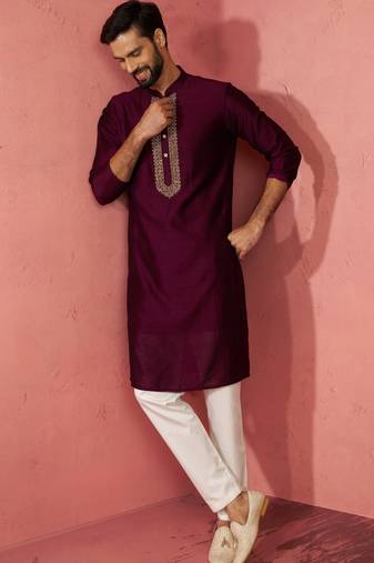 vastramay men's wine silk kurta with cream pyjama - embroidered festive set