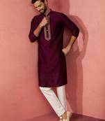 vastramay men's wine silk kurta with cream pyjama - embroidered festive set